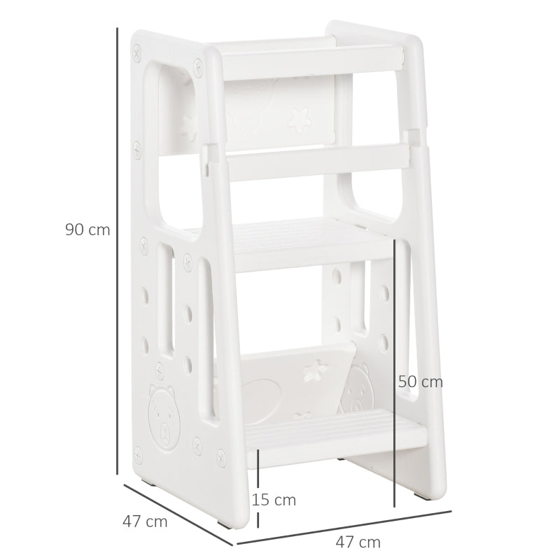 HOMCOM Kids Step Stool Adjustable Standing Platform Toddler Kitchen Stool -Standing Tower for Kids Kitchen Learning w/ Three Adjustable Heights, White