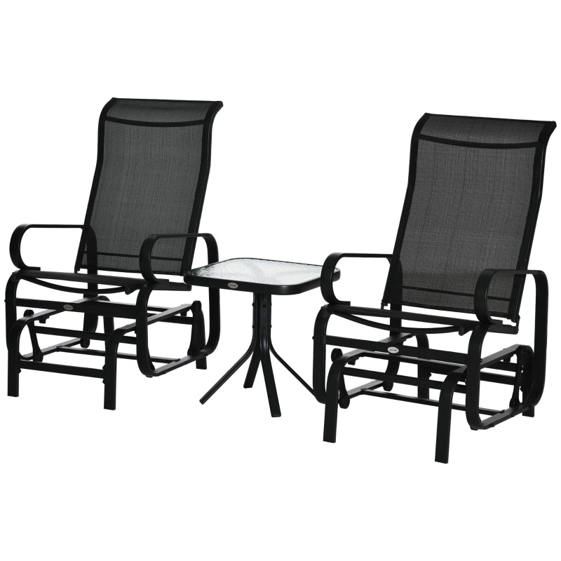 Outsunny 3 PCs Outdoor Gliding Rocking Chair With Tea Table Patio Garden Comfortable Swing Chair Black