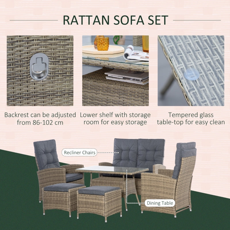 Outsunny 6 Pieces PE Rattan Dining Set, Patio Wicker Conversation Furniture, Tempered Glass Table-top Dining Table w/ Storage Layer, Mixed Grey