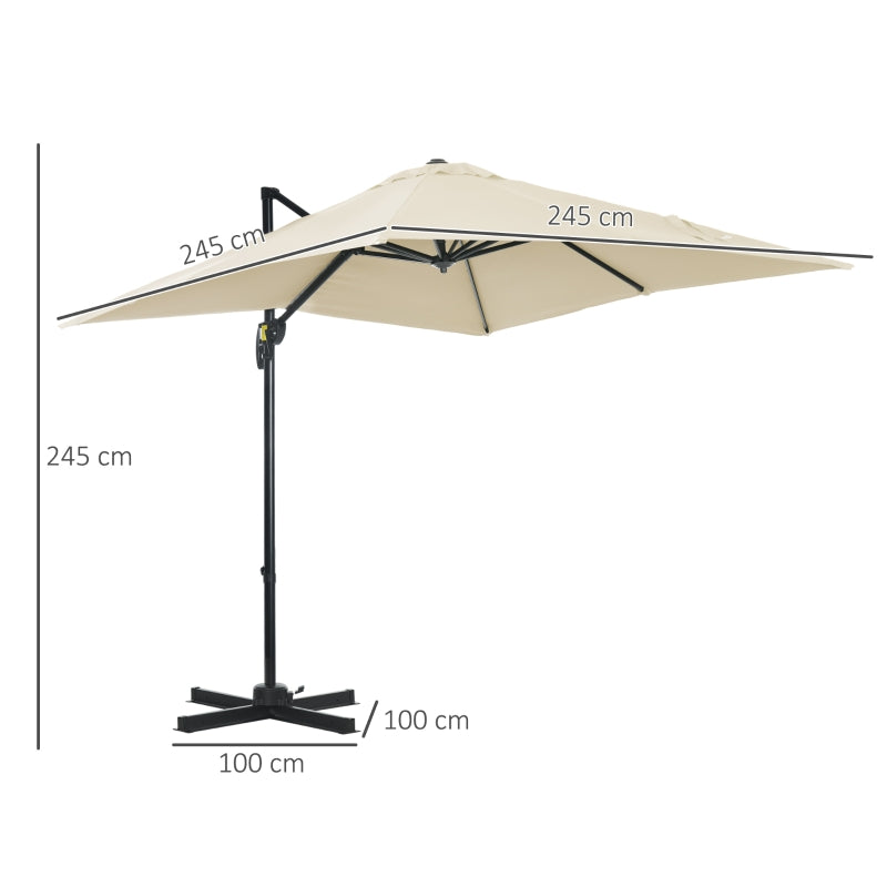 Outsunny 2.5 x 2.5m Patio Offset Parasol Umbrella Cantilever Hanging Aluminium Sun Shade Canopy Shelter 360° Rotation w/Crank Handle, Cream White