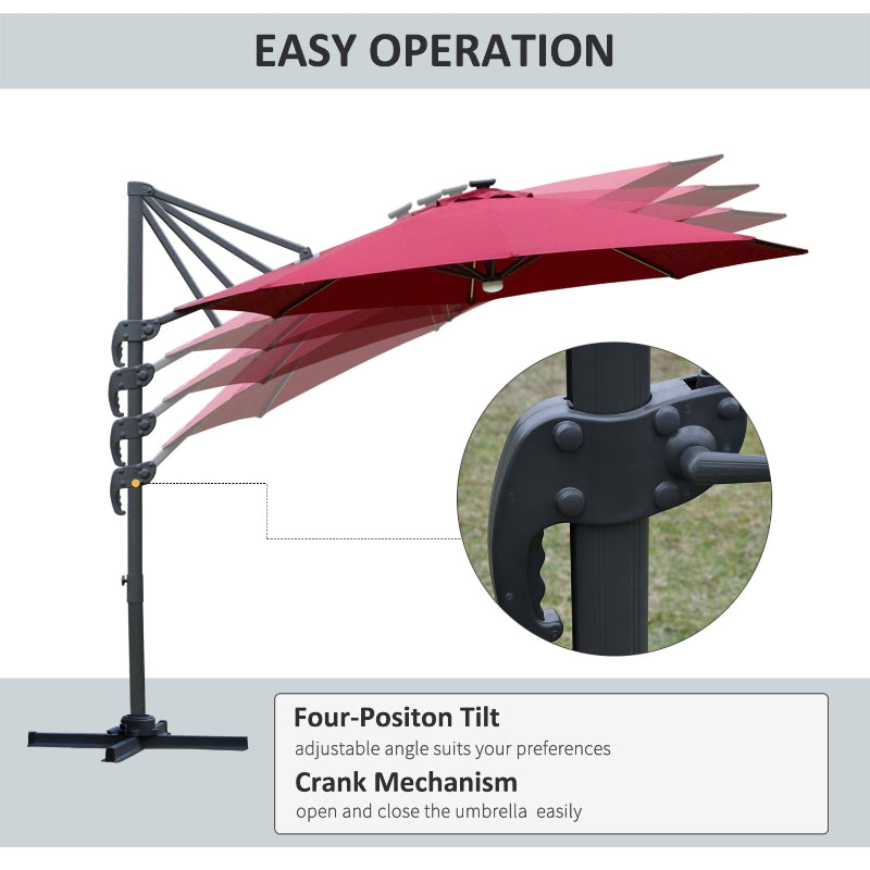 Outsunny 3(m) Cantilever Roma Parasol Adjustable Garden Sun Umbrella with LED Solar Light Cross Base 360° Rotating, Red