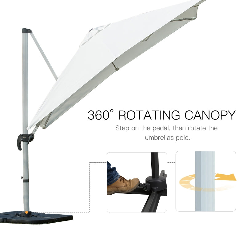 Outsunny 3m Cantilever Roma Parasol Aluminium Frame 360 Rotation Hanging Parasol with/ Cross Base White