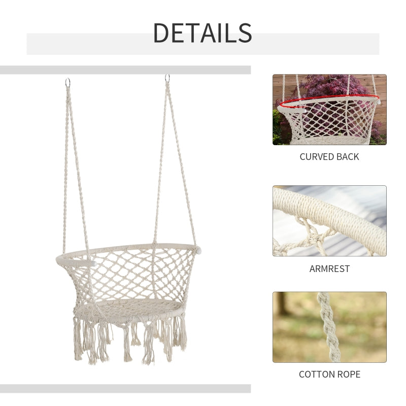 Outsunny Hanging Hammock Chair Cotton Rope Porch Swing with Metal Frame and Cushion, Large Macrame Seat for Patio, Garden, Bedroom, Cream White