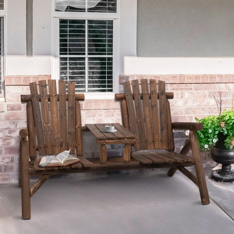 Outsunny Wood Patio Chair Bench 2 Seats with Center Coffee Table, Garden Loveseat Bench Backyard, Perfect for Lounging Relaxing Outdoors, Carbonized