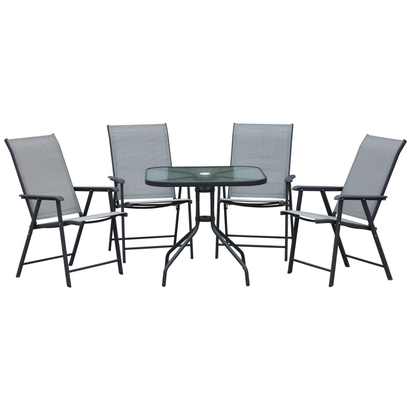 Outsunny 5pcs Classic Outdoor Dining Set Steel Frames w/ 4 Folding Chairs Glass Top Table Texteline Seats Parasol Hole Garden Dining Black Grey