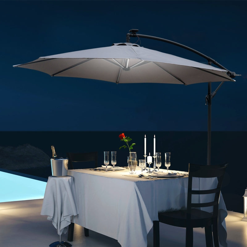 Outsunny 3(m) LED Banana Parasol Garden Cantilever Umbrella with Solar Lights, Crank Handle and Cross Base, Hanging Sun Shade, Grey