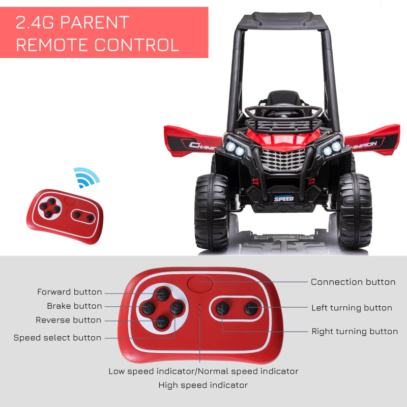 HOMCOM 12V Battery-powered Kids Electric Ride On Car Off-road UTV Toy 3-6 km/h with High Roof Parental Remote Control Lights MP3 Suspension Wheels Red