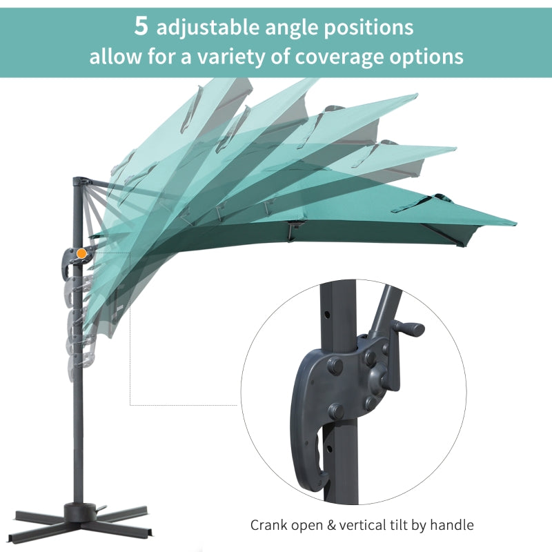 Outsunny 2.5 x 2.5m Square Patio Parasol Offset Cantilever Sun Umbrella 360° Rotation w/ Cross Base - Green