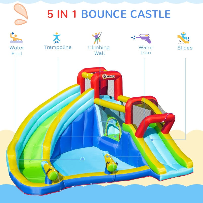 Outsunny 5 in 1 Kids Bounce Castle Extra Large Inflatable House Trampoline Slide Water Pool Water Gun Climbing Wall for Kids Age 3-8, 3.85x3.65x2m