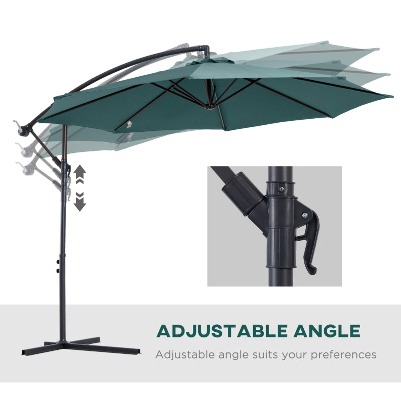 Outsunny 3(m) Banana Parasol Hanging Cantilever Umbrella with Crank Handle, 8 Ribs and Cross Base for Outdoor, Sun Shade, Dark Green