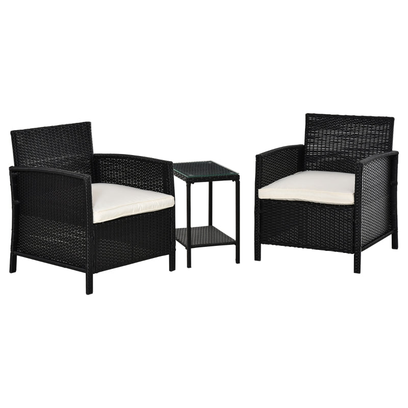 Outsunny Rattan Garden Furniture Outdoor 3 Pieces Patio Bistro Set Jack and Jill Seat Wicker Weave Conservatory Sofa Chair Table Set w/Cushion Black