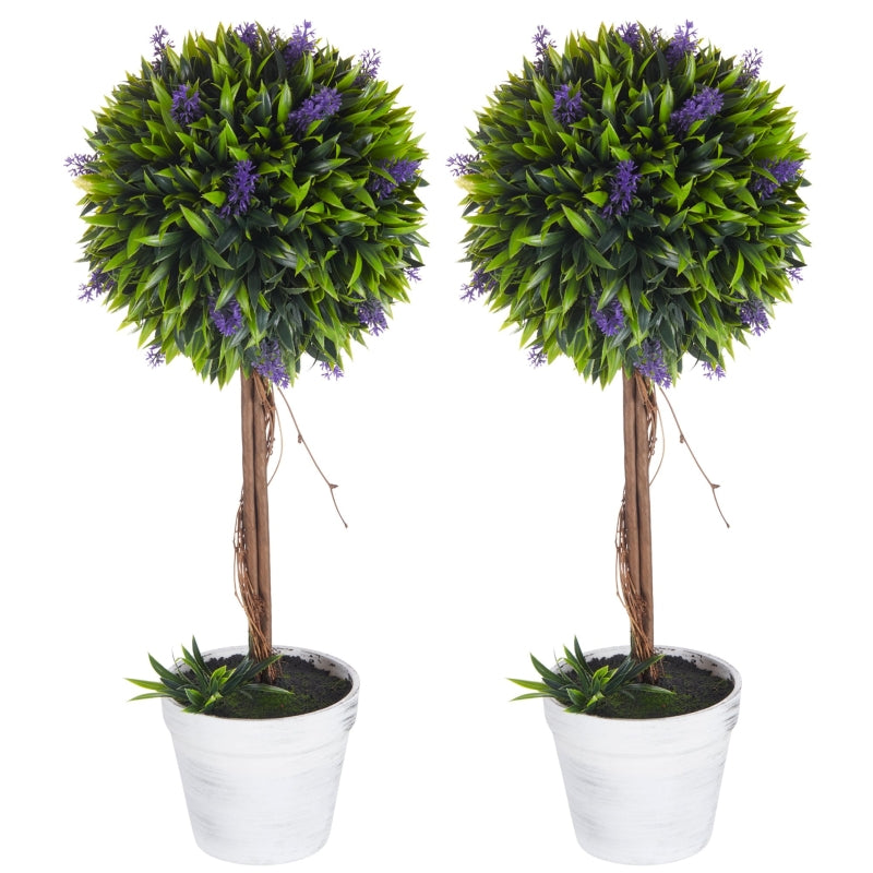 HOMCOM Set of 2 Decorative Artificial Plants Ball Trees with Lavender Flowers in Pot Fake Plants for Home Indoor Outdoor Decor, 60cm