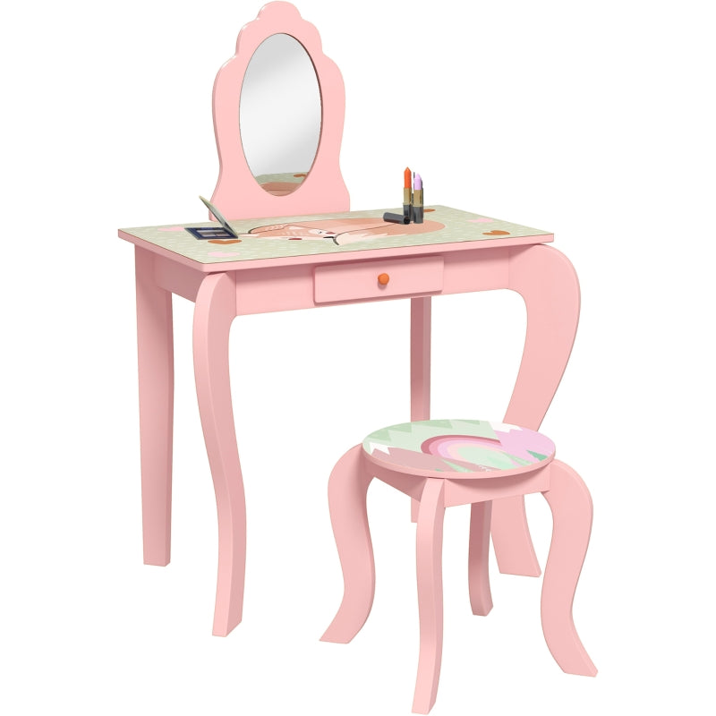 ZONEKIZ Kids Dressing Table with Mirror and Stool, Girls Vanity Table Makeup Desk with Drawer, Cute Animal Design, for 3-6 Years - Pink