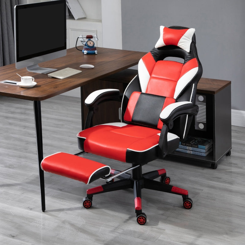 Vinsetto Cool & Stylish Gaming Chair Ergonomic Recliner w/ Thick Padding Footrest Neck & Back Pillow 5 Wheels Racing Swivel Height Adjustable Red