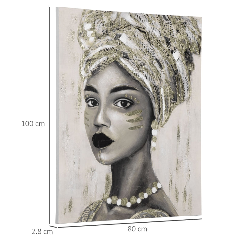 HOMCOM Hand-Painted Canvas Wall Art Gold African Woman, Wall Pictures for Living Room Bedroom Decor, 100 x 80 cm