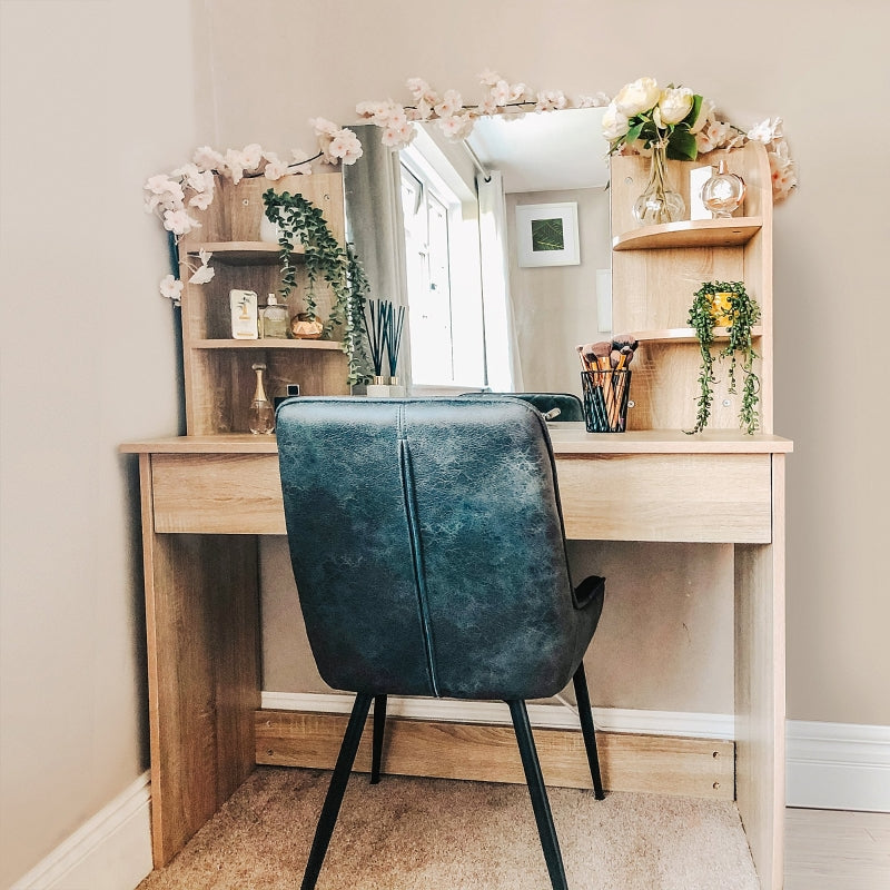 HOMCOM Particle Board Glass Mirror Dressing Table w/ Shelves Oak Tone