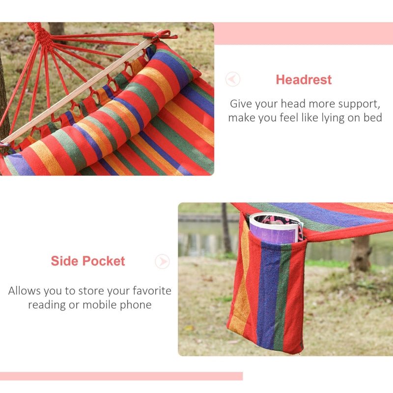 Outsunny Cotton Hammock Soft Portable Swing Sleeping w/ Headrest & Side Pocket Deluxe Swing Chair for Beach, Yard, Bedroom, Patio, Porch, 270 x 80 cm