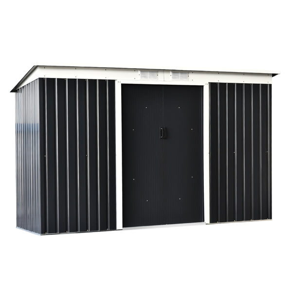 Outsunny 9 x 4 ft Metal Garden Storage Shed Patio Corrugated Steel Roofed Tool Box with Base, Kit Ventilation and Doors, Dark Grey