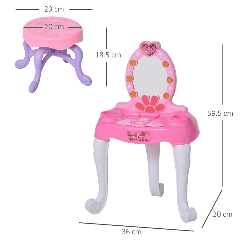 HOMCOM Kids Pretend Play Plastic Vanity Table Set Pink/White