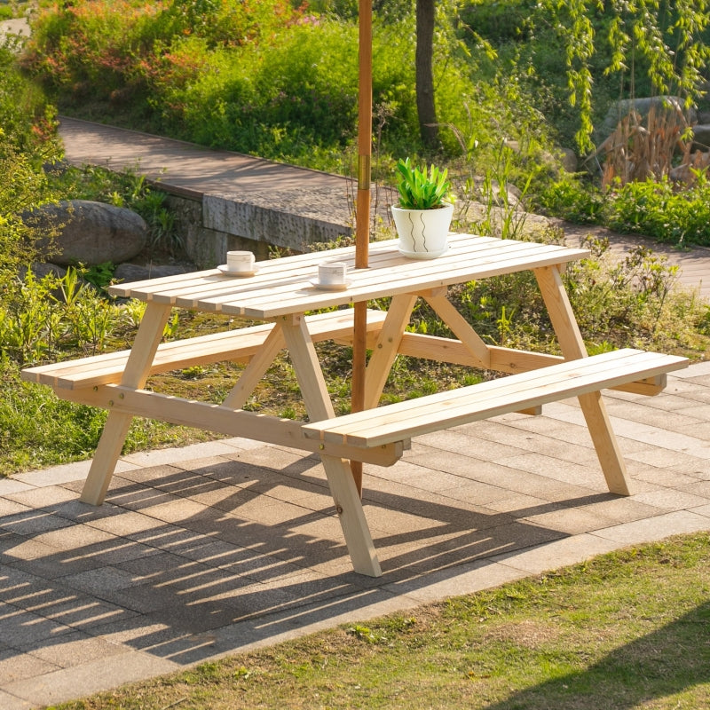 Outsunny 4 Seater Wooden Picnic Table Bench for Outdoor Garden or Patio w/ Parasol Cutout 150 cm