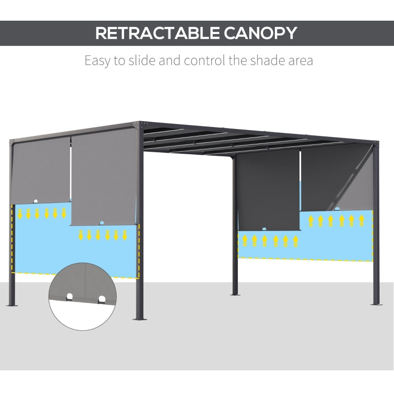 Outsunny 3m x 4m Metal Pergola with Retractable Roof, Outdoor Garden Pergola with LED Lights, Solar Powered, for BBQ, Lawn, Backyard, Dark Grey