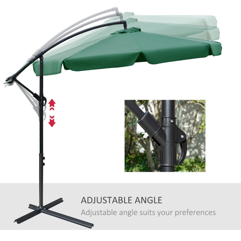 Outsunny 2.7m Garden Parasol Cantilever Umbrella with Crank Handle and Cross Base for Outdoor, Hanging Sun Shade, Green