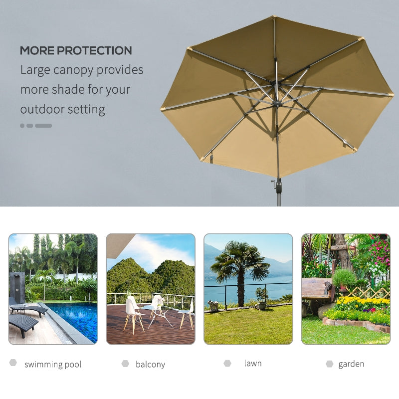 Outsunny 3m Square Outdoor Umbrella Adjustable Garden Sun Umbrella with LED Solar Light Cross Base Rotating Outdoor- Khaki