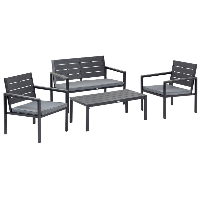 Outsunny 4 Piece Garden Sofa Set with Padded Cushions, Outdoor Conversation Furniture Set with Wood Grain Coffee Table, Steel Frame Grey