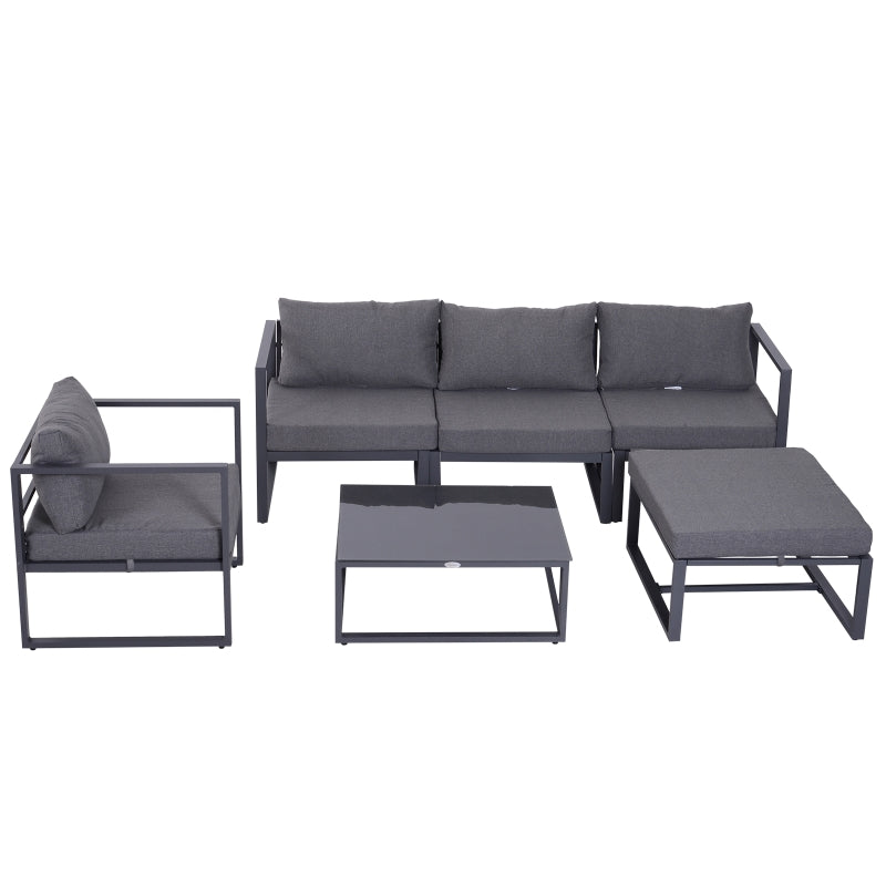 Outsunny 6 PCs Outdoor Indoor Sectional Sofa Set Thick Padded Cushions Aluminium Frame 5 Seaters 1 Coffee Table Footrest Grey