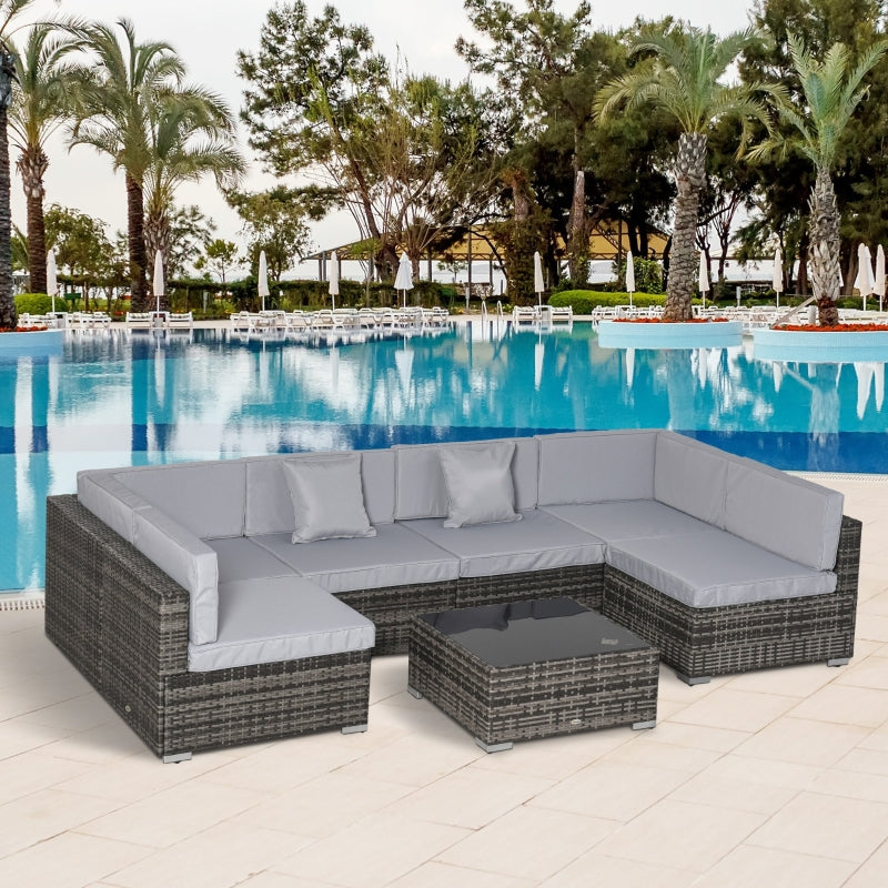 Outsunny 7 PC Garden Rattan Furniture Set Patio Outdoor Sectional Wicker Weave Sofa Seat Coffee Table w/ Cushion and Pillow Buckle Structure