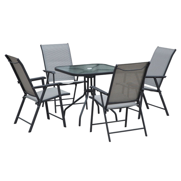 Outsunny 5pcs Classic Outdoor Dining Set Steel Frames w/ 4 Folding Chairs Glass Top Table Texteline Seats Parasol Hole Garden Dining Black Grey