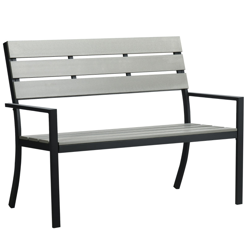 Outsunny 2 Seater Garden Bench, Slatted Outdoor Bench with Steel Frame, Garden Loveseat, 122 x 65 x 92 cm, Grey