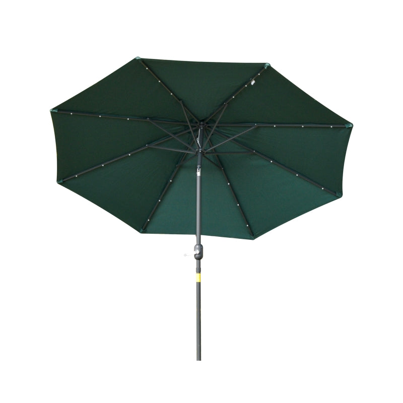 Outsunny 2.7m Garden Parasol, Patio LED Umbrella with Push Button Tilt/Crank 8 Rib Sun Shade for Outdoor Table Market Umbrella Green