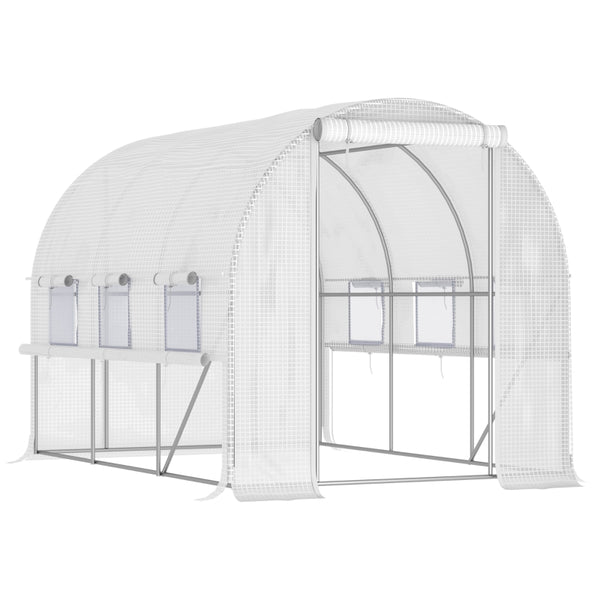 Outsunny 3 x 2 x 2m Walk-in Tunnel Greenhouse, Polytunnel Tent with PE Cover, Zippered Roll Up Door and 6 Mesh Windows, White