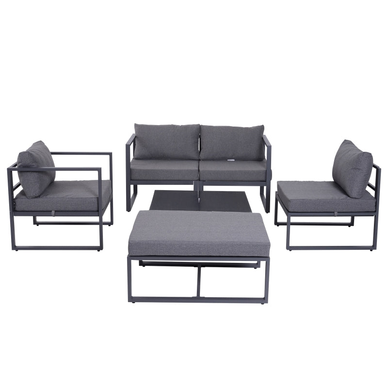 Outsunny 6 PCs Outdoor Indoor Sectional Sofa Set Thick Padded Cushions Aluminium Frame 5 Seaters 1 Coffee Table Footrest Grey