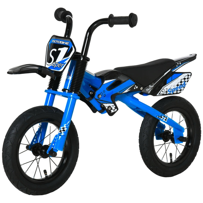 HOMCOM 12" Kids Balance Bike, No Pedal Training Bicycle, Motorbike Look, Steel Frame with Air Filled Tires, Handlebar, PU Seat for 3-6 Years Old, Blue