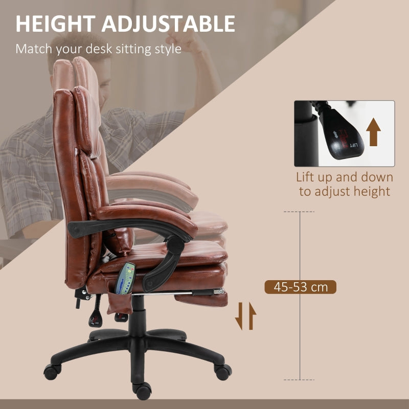 Vinsetto High Back Office Chair, Gaming Recliner Chair with Footrest, 7 Massage Points, Adjustable Height, Reclining Back, PU Leather, Brown