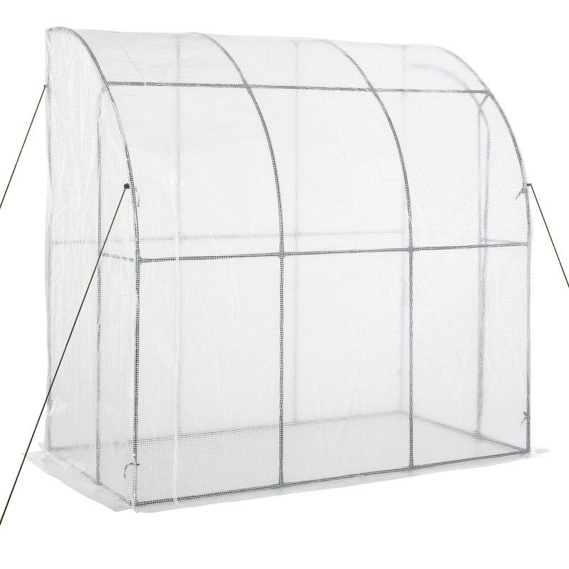 Outsunny Outdoor Walk-In Lean to Wall Greenhouse with Zippered Roll Up Door and PE Cover, 214L x 118W x 212Hcm, White