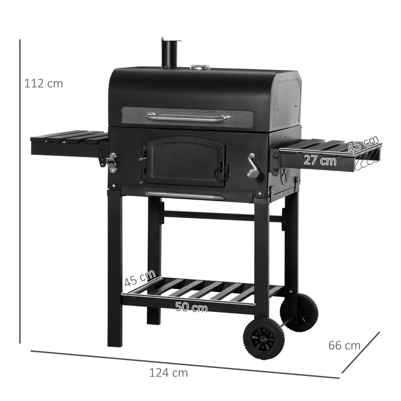 Outsunny Charcoal Barbecue Grill 3-in-1 Garden BBQ Trolley w/ Adjustable Charcoal Pan Height, Folding Shelves, Adjustable Opening and Thermometer