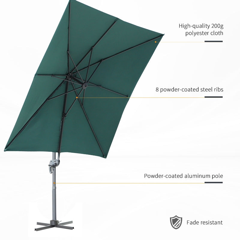 Outsunny 2.5 x 2.5m Square Patio Parasol Offset Cantilever Sun Umbrella 360° Rotation w/ Cross Base - Green