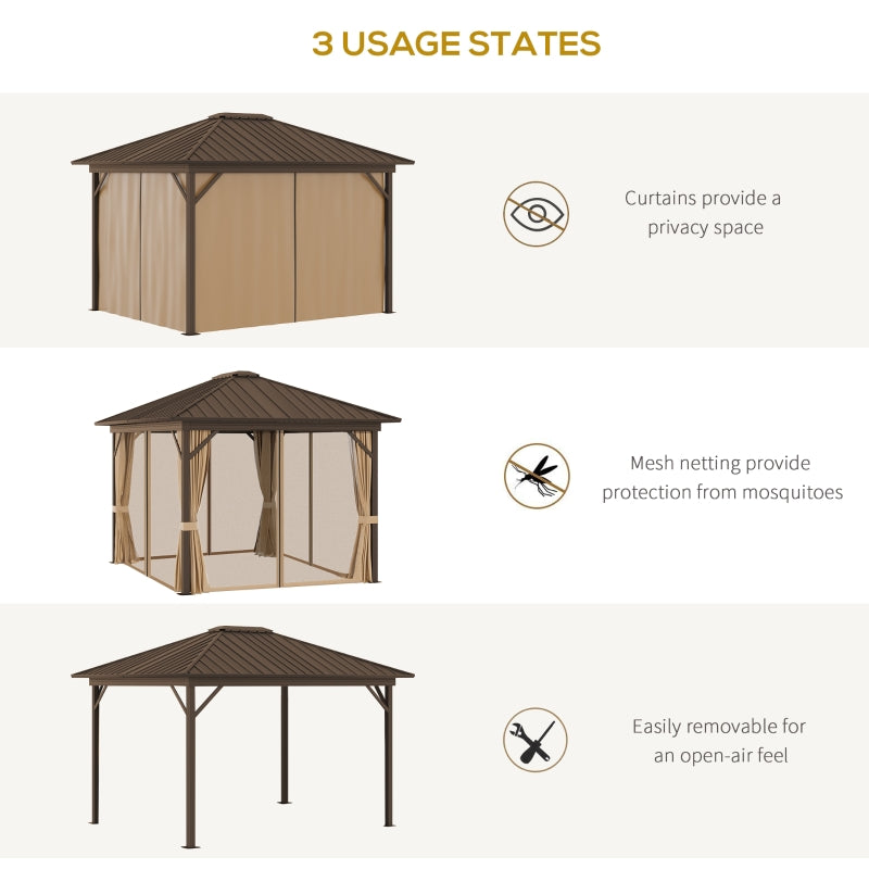 Outsunny 3.6 x 3(m) Outdoor Hardtop Gazebo Metal Roof Patio Gazebo with Aluminum Frame, Mesh Nettings, Curtains, & Roomy Interior Space, Brown