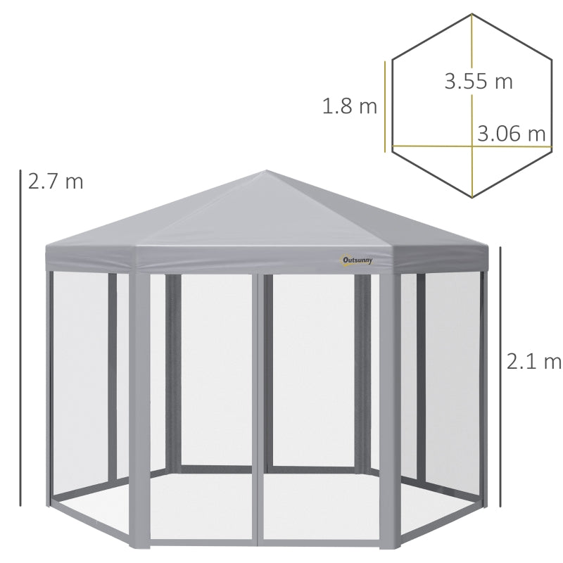 Outsunny 3 x 3(m) Pop Up Gazebo Hexagonal Foldable Canopy Tent Outdoor Event Shelter with Mesh Sidewall, Adjustable Height and Roller Bag, Grey