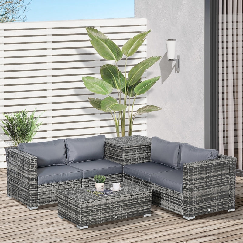 Outsunny 6PC Rattan Corner Sofa Set Wicker 4 Seater Garden Storage Coffee Table Conversation Ottoman Outdoor Weave Furniture w/ Cushion Grey