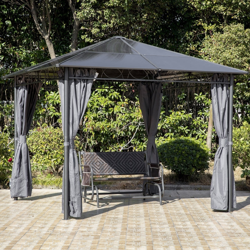 Outsunny 3 x 3(m) Hardtop Gazebo with UV Resistant Polycarbonate Roof, Steel & Aluminum Frame, Garden Pavilion with Curtains, Grey