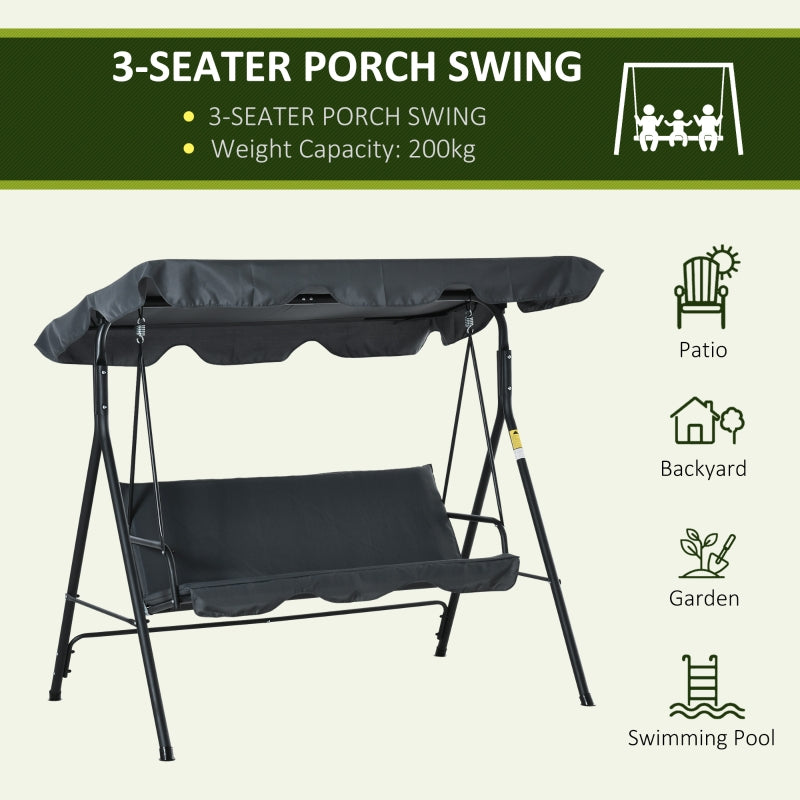 Outsunny 3 Seater Canopy Swing Chair Garden Rocking Bench Heavy Duty Patio Metal Seat w/ Top Roof - Dark Grey