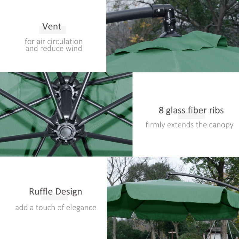 Outsunny 2.7m Garden Parasol Cantilever Umbrella with Crank Handle and Cross Base for Outdoor, Hanging Sun Shade, Green