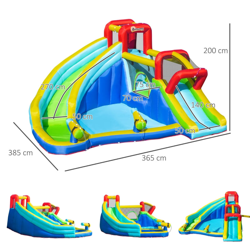 Outsunny 5 in 1 Kids Bounce Castle Extra Large Inflatable House Trampoline Slide Water Pool Water Gun Climbing Wall for Kids Age 3-8, 3.85x3.65x2m