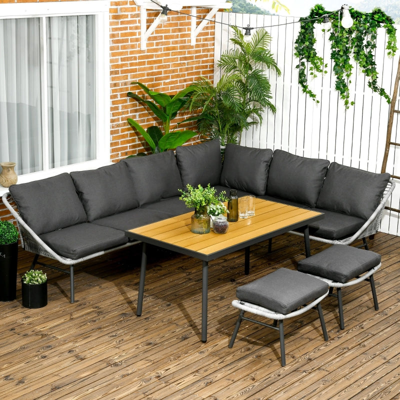 Outsunny 6 Seater Outdoor Rattan Garden Furniture Sets with Sofa, Footstool and Wood-Plastic Coffee Table, 193x72x75cm, Grey