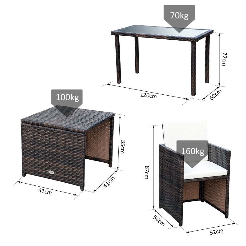 Outsunny 4-Seater Rattan Garden Furniture Space-saving Wicker Weave Sofa Set Conservatory Dining Table Table Chair Footrest Cushioned Brown