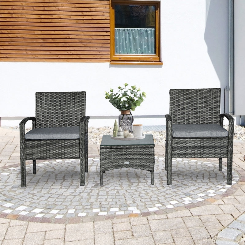 Outsunny 2 Seater Rattan Bistro Set Outdoor Wicker Sofa Chair Coffee Table Set Garden Patio Furniture w/ Cushion - Grey